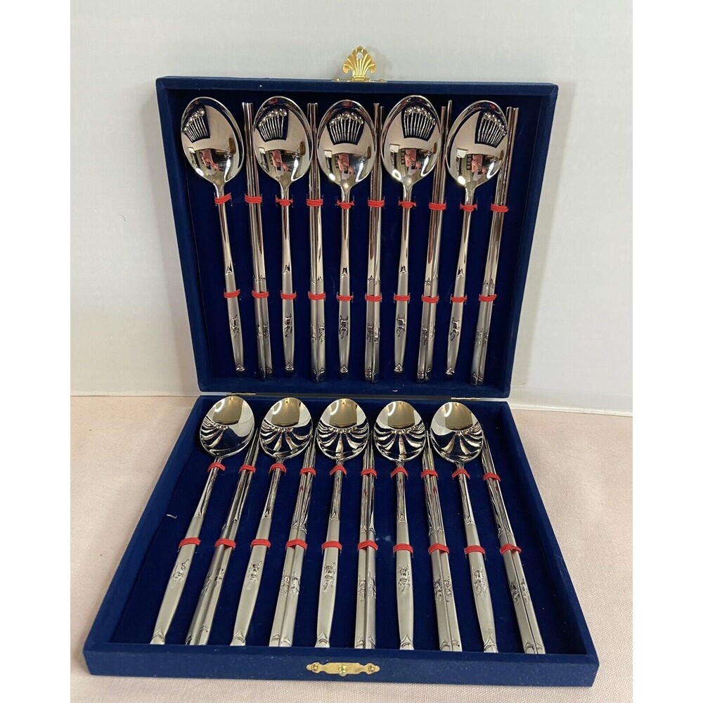 Vtg  Stainless Steel Soup Spoons &  Chopsticks Velvet Case Set of 10 Each